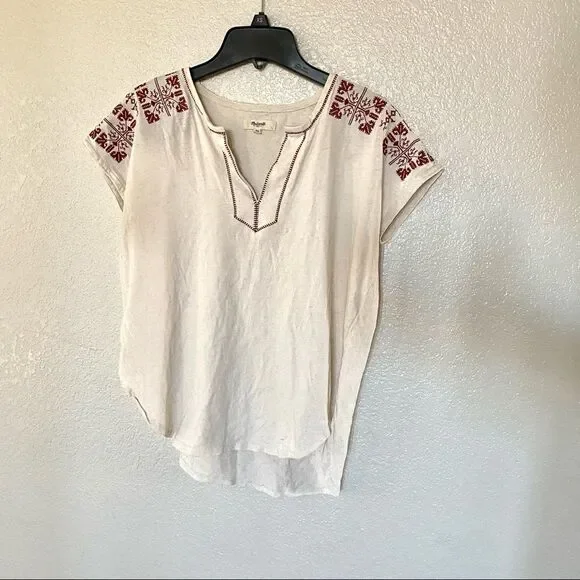 Madewell Embroidered Split Neck Top Ivory Red Cotton Linen XS - Picture 4 of 8
